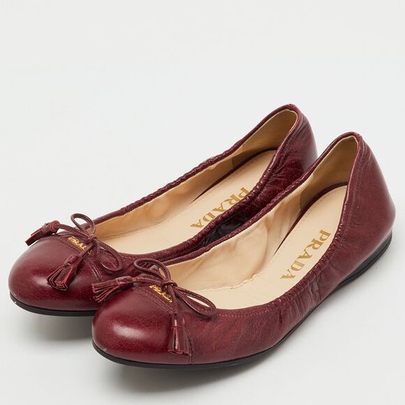 Prada Burgundy Leather Bow Scrunch Ballet Flats Size 37.5